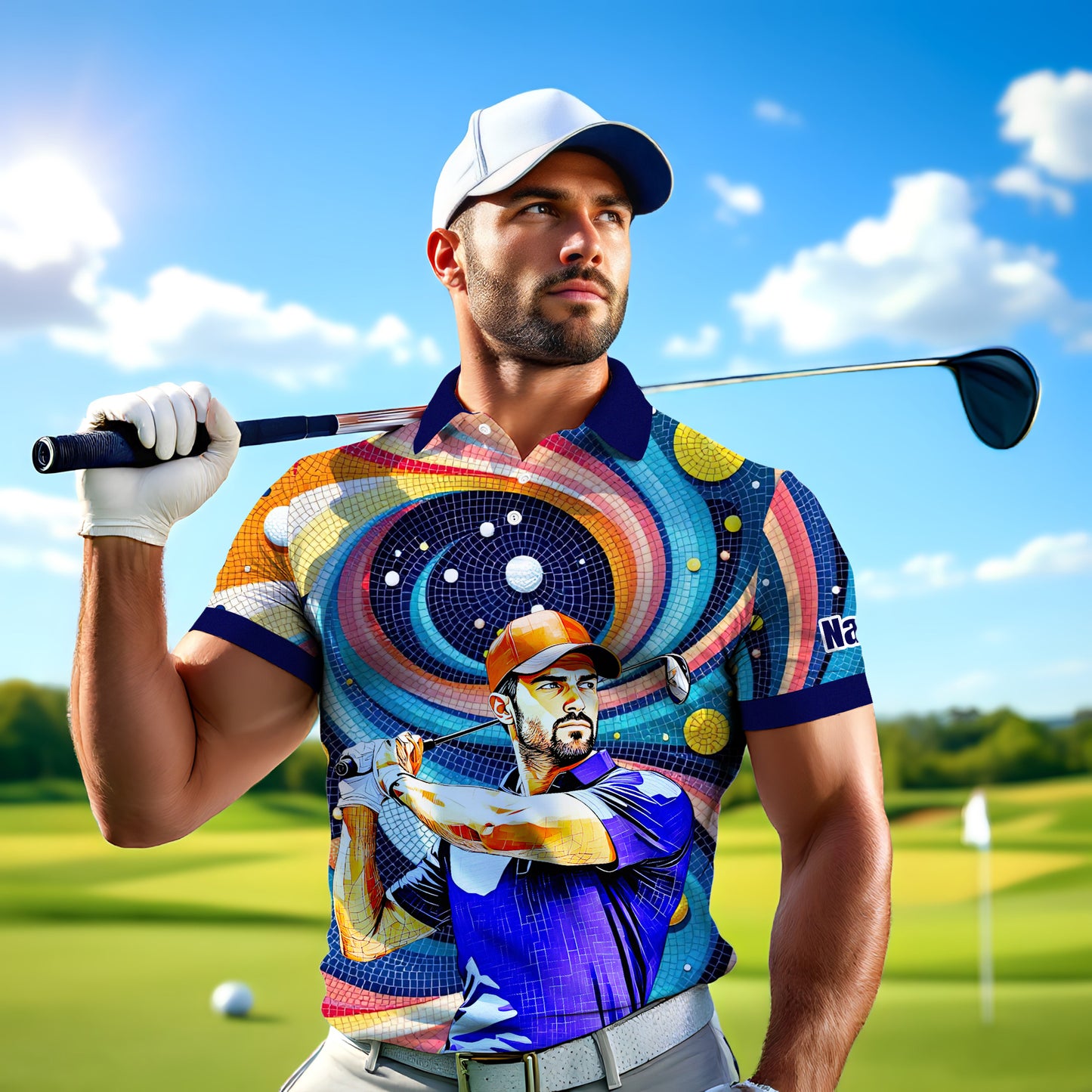 HomyGifts Men's Customized Face Artistic Golf Polo Shirt, Mosaic Art Style, Unique Personalized Golf Polo For Men Style 17