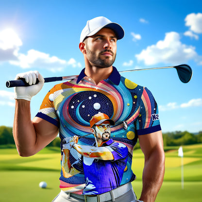 HomyGifts Men's Customized Face Artistic Golf Polo Shirt, Mosaic Art Style, Unique Personalized Golf Polo For Men Style 17