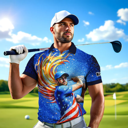 Custom Face Patriotic Golf Polo Shirt – Personalized USA Flag Design – American Pride Gift for Him – Mosaic Art Golf Shirt Style 10