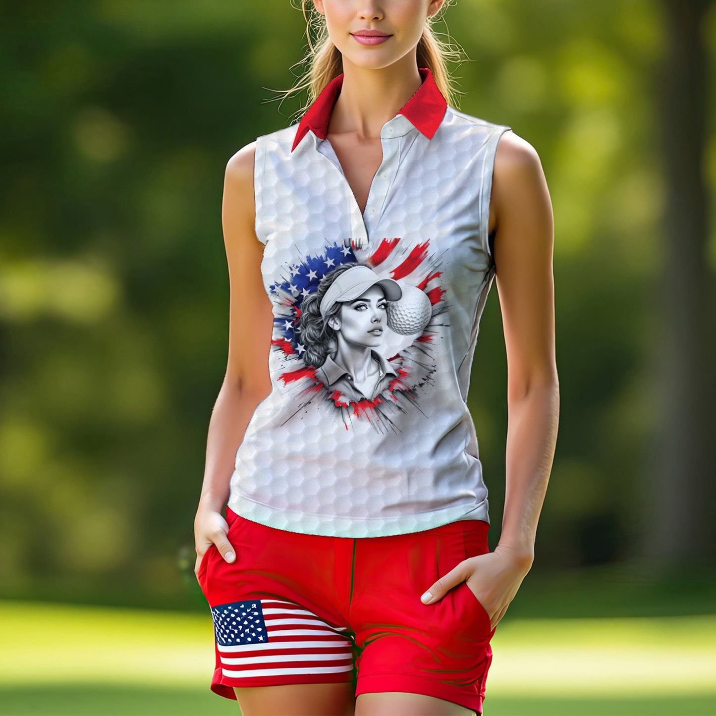 Fearless, Flawless, Fore! Women's Sleeveless Golf Polo Shirt - Patriotic Golf Apparel Style 1