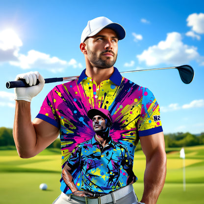 HomyGifts Men's Customized Face Artistic Golf Polo Shirt, Personalized Pop Art Golf Polo, Portrait Gift for Golfers Style 11