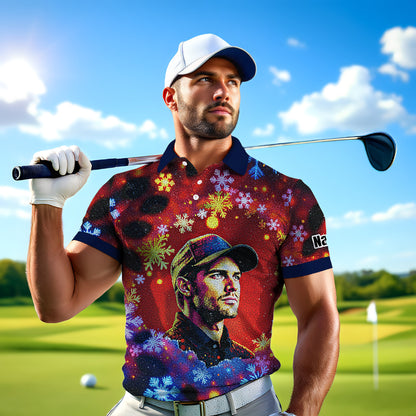 Custom Face Golf Polo Shirt – Personalized Christmas Golf Shirt for Him, Unique Holiday Gift for Golfer, Snowflake Design Golf Apparel Style 12