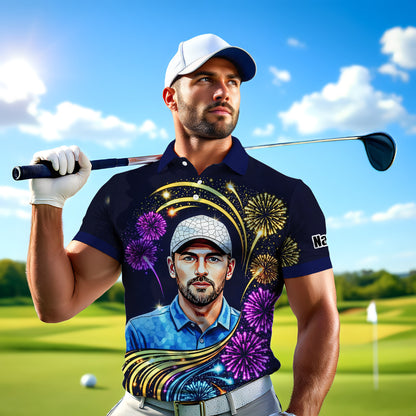 Custom Face Golf Polo Shirt – New Year Fireworks Edition | Personalized Golf Polo | Unique Holiday Gift for Him 2025 Style 6
