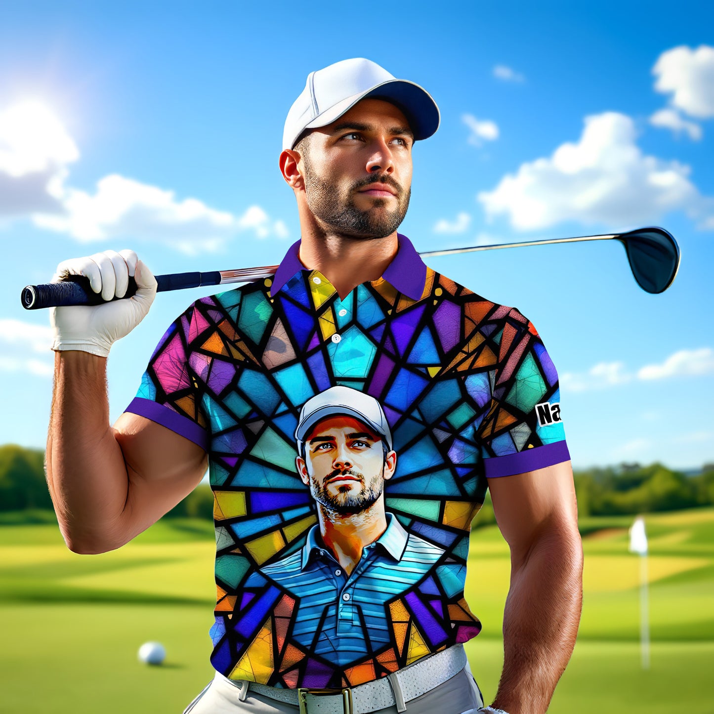 Custom Face Golf Polo Shirt – Personalized Stained Glass Art Shirt, Unique Golf Gift for Him, Colorful Abstract Golf Polo, Custom Sportswear