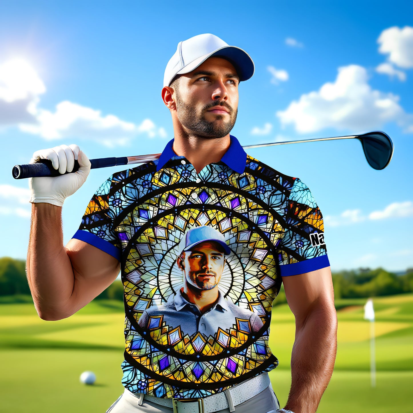 Custom Face Golf Polo Shirt – Personalized Stained Glass Mandala Style Polo, Unique Gift for Men & Women, Vibrant Artistic Golf Shirt, Custom Photo Polo