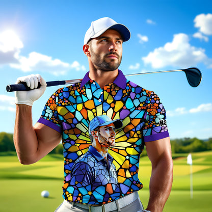 Custom Face Golf Polo Shirt – Personalized Stained Glass Art Shirt, Unique Golf Gift for Him, Colorful Abstract Golf Polo, Custom Sportswear