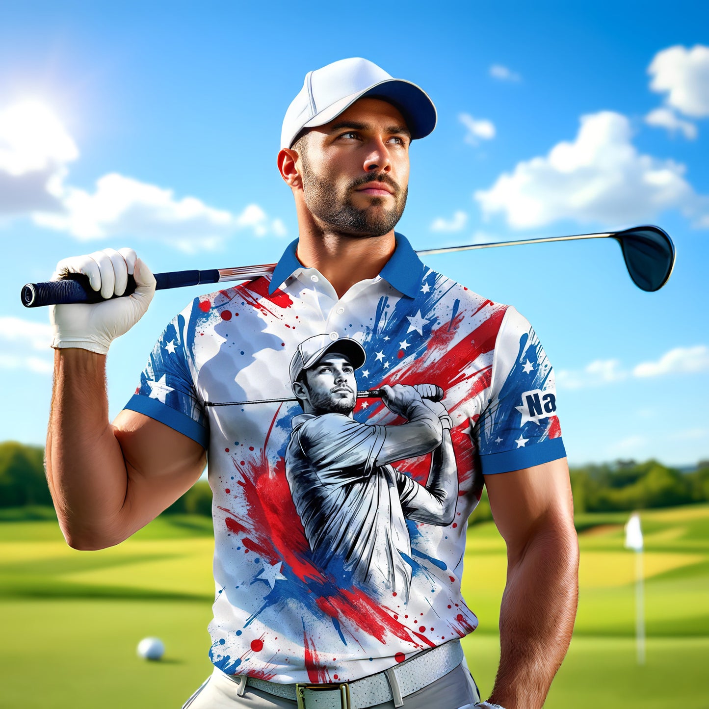 HomyGifts Men's Customized Face Artistic Golf Polo Shirt, Personalized American Flag Design, Unique Gift for Patriotic Golfers Style 21