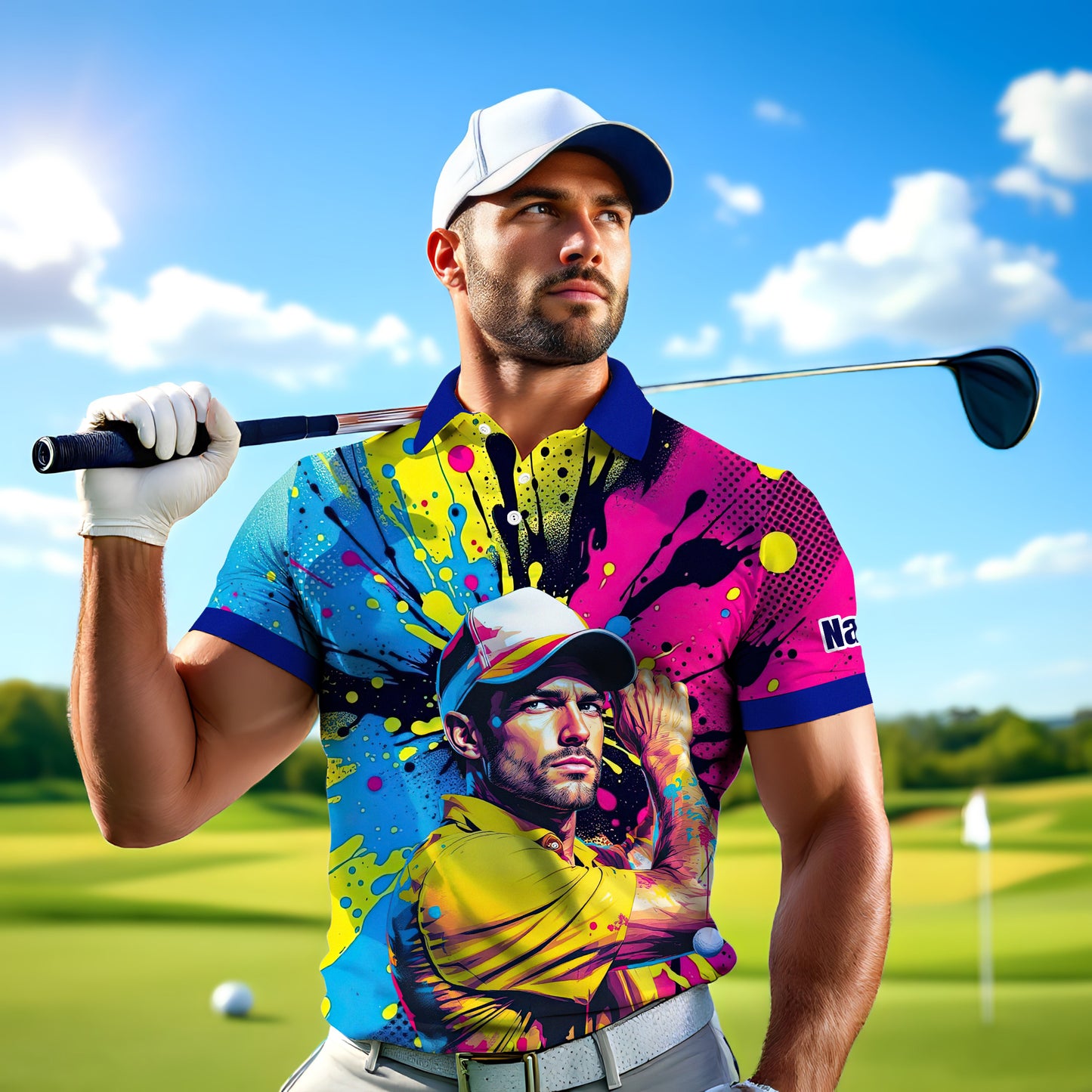 HomyGifts Men's Customized Face Artistic Golf Polo Shirt, Personalized Pop Art Golf Polo, Portrait Gift for Golfers Style 15