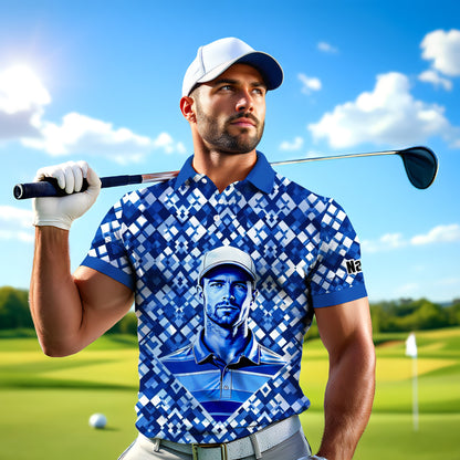 Custom Face Polo Shirt – Geometric Diamond Pattern | Personalized Photo Golf Polo | Unique Gift for Him, Retro Geometric Style Shirt Style 4