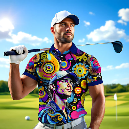 HomyGifts Custom Face Polo Shirt – Personalized Abstract Geometric Art Photo Shirt, Unique Gift for Him & Her