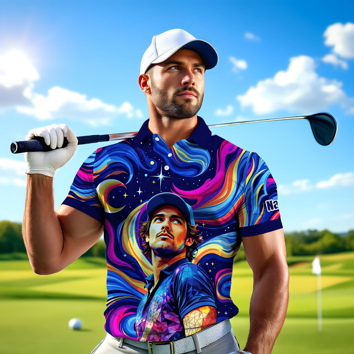 HomyGifts Men's Customized Face Artistic Golf Polo Shirt, Mosaic Art Style, Unique Personalized Golf Polo For Men Style 1