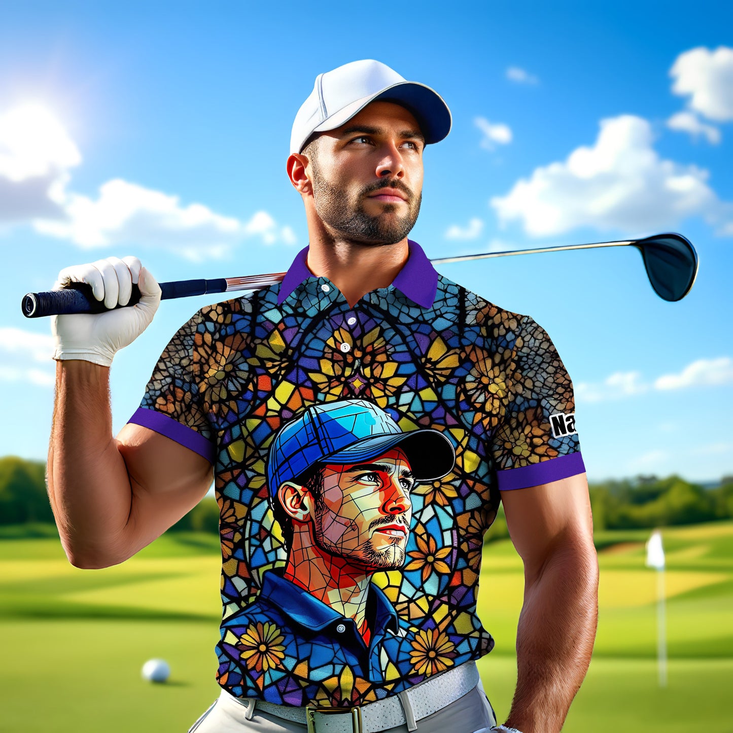 Custom Face Golf Polo Shirt – Personalized Stained Glass Art Shirt, Unique Golf Gift for Him, Colorful Abstract Golf Polo, Custom Sportswear