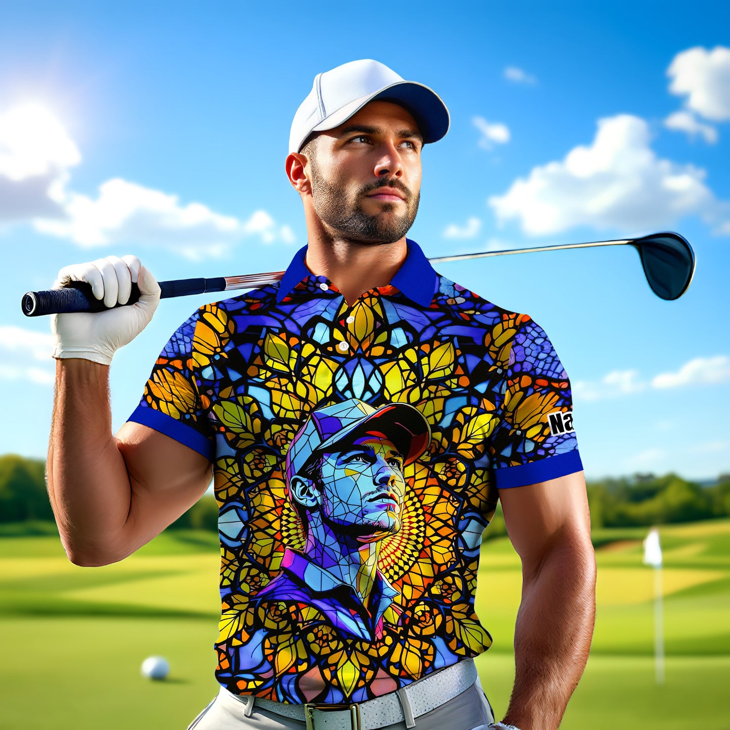 Custom Face Golf Polo Shirt – Personalized Stained Glass Mandala Style Polo, Unique Gift for Men & Women, Vibrant Artistic Golf Shirt, Custom Photo Polo