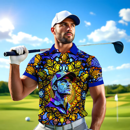 Custom Face Golf Polo Shirt – Personalized Stained Glass Mandala Style Polo, Unique Gift for Men & Women, Vibrant Artistic Golf Shirt, Custom Photo Polo