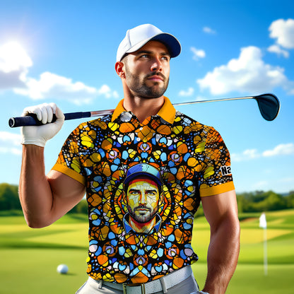 Custom Face Golf Polo Shirt – Personalized Stained Glass Mandala Style Polo, Unique Gift for Men & Women, Vibrant Artistic Golf Shirt, Custom Photo Polo