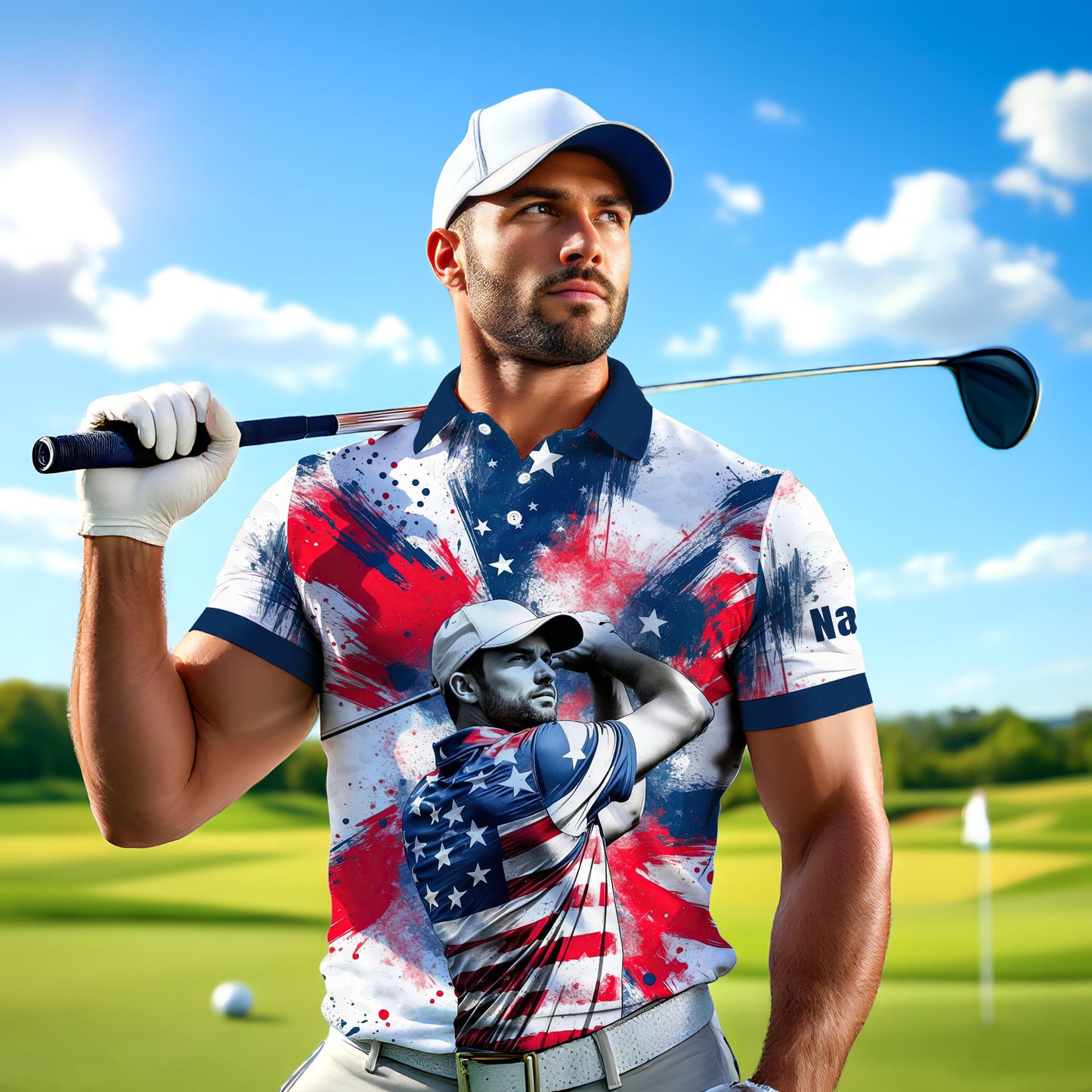 HomyGifts Men's Customized Face Artistic Golf Polo Shirt, Personalized American Flag Design, Unique Gift for Patriotic Golfers Style 24