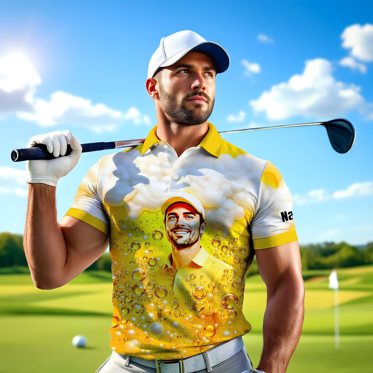 HomyGifts Men's Customized Face Artistic Golf Polo Shirt, Beer pattern Design, Special Gift for Beer & Golf Lovers, Summer Party Outfit, Unique Gift for Men Style 4
