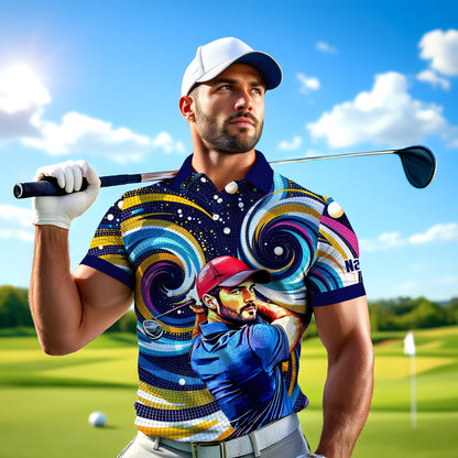 HomyGifts Men's Customized Face Artistic Golf Polo Shirt, Mosaic Art Style, Unique Personalized Golf Polo For Men Style 18