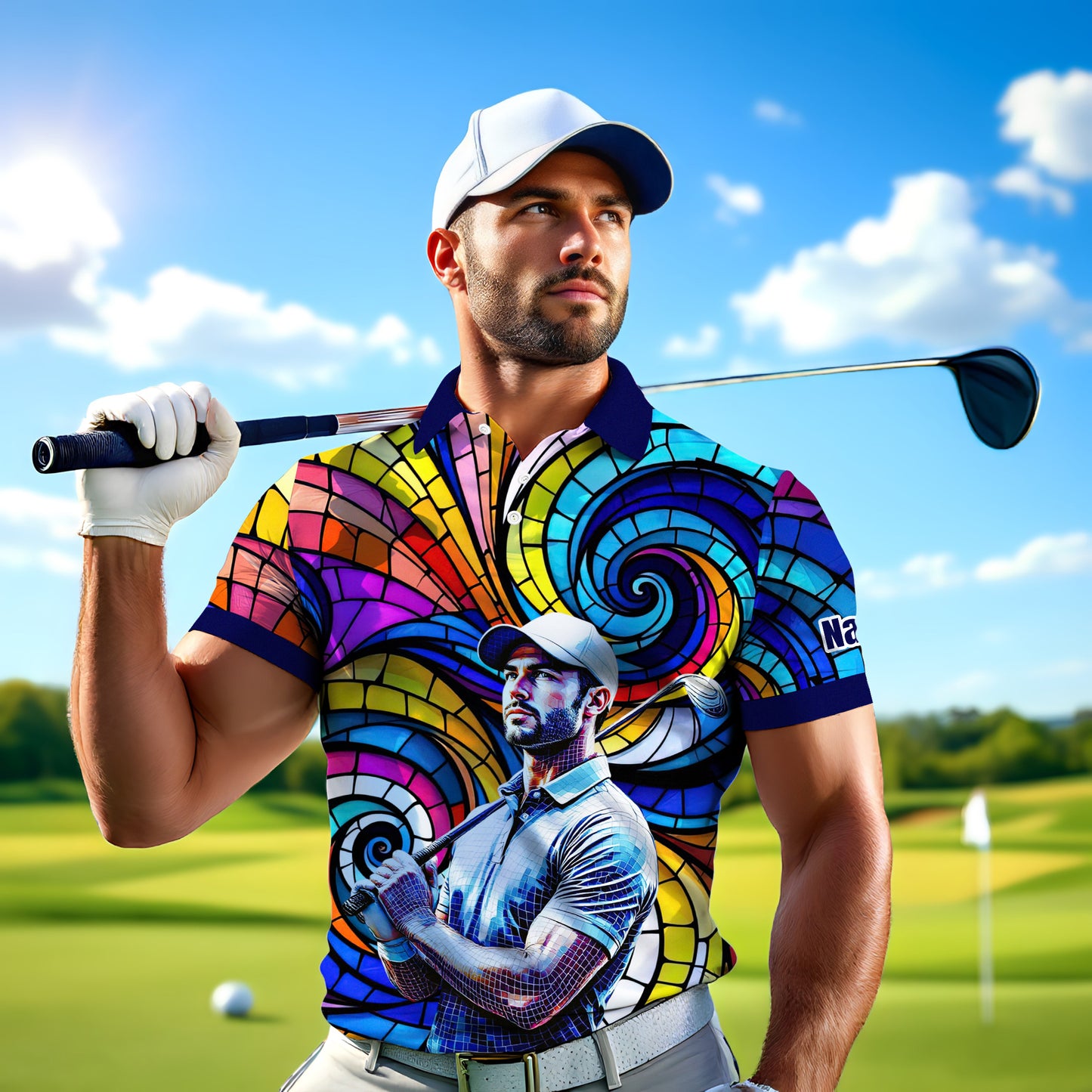 HomyGifts Men's Customized Face Artistic Golf Polo Shirt, Mosaic Art Style, Unique Personalized Golf Polo For Men Style 13