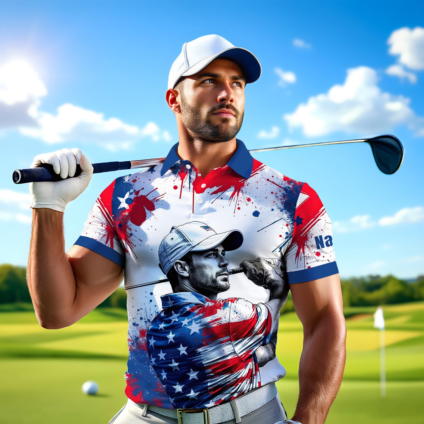 HomyGifts Men's Customized Face Artistic Golf Polo Shirt, Personalized American Flag Design, Unique Gift for Patriotic Golfers Style 18