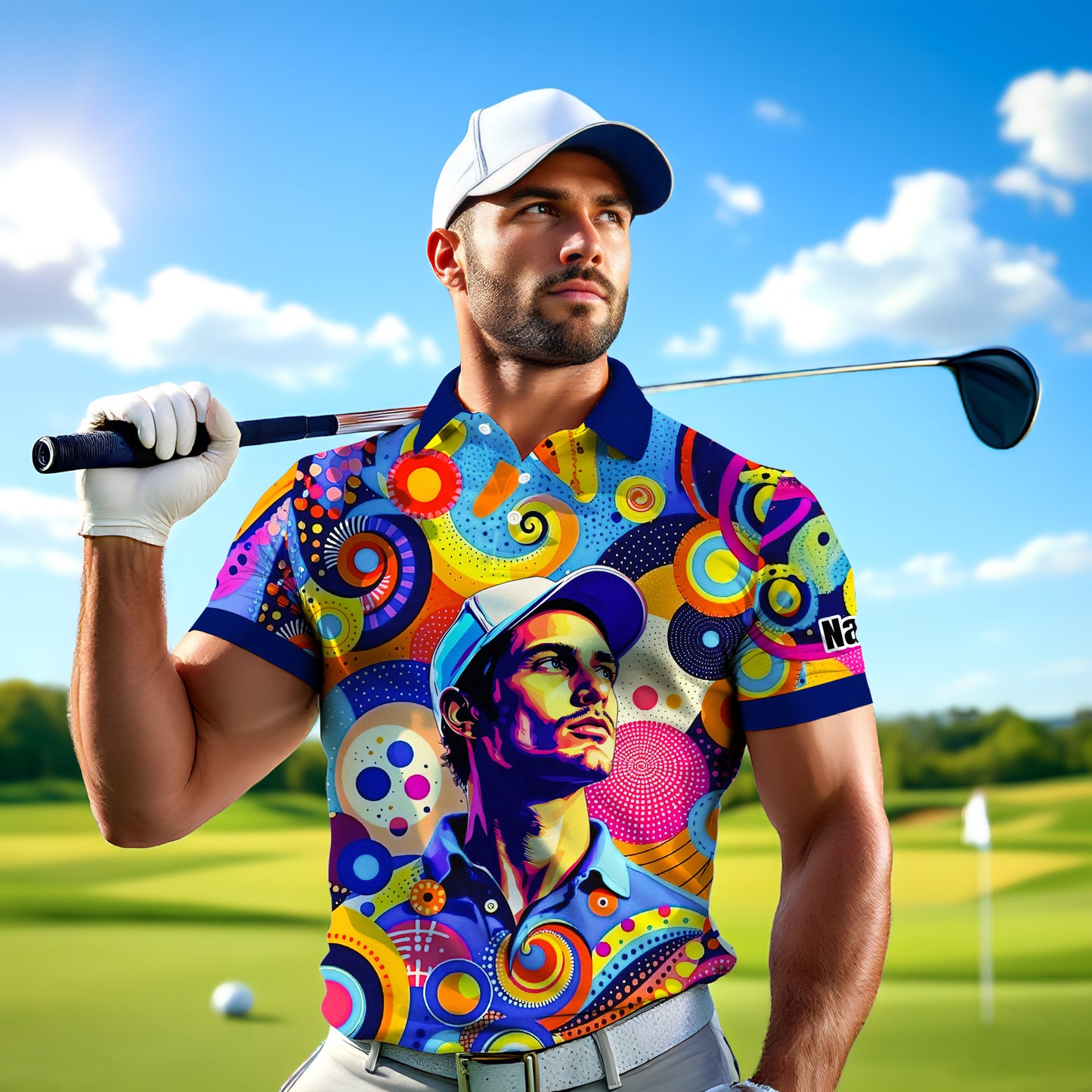 HomyGifts Custom Face Polo Shirt – Personalized Abstract Geometric Art Photo Shirt, Unique Gift for Him & Her