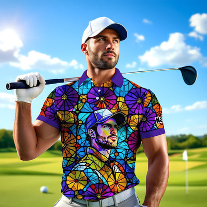 Custom Face Golf Polo Shirt – Personalized Stained Glass Art Shirt, Unique Golf Gift for Him, Colorful Abstract Golf Polo, Custom Sportswear