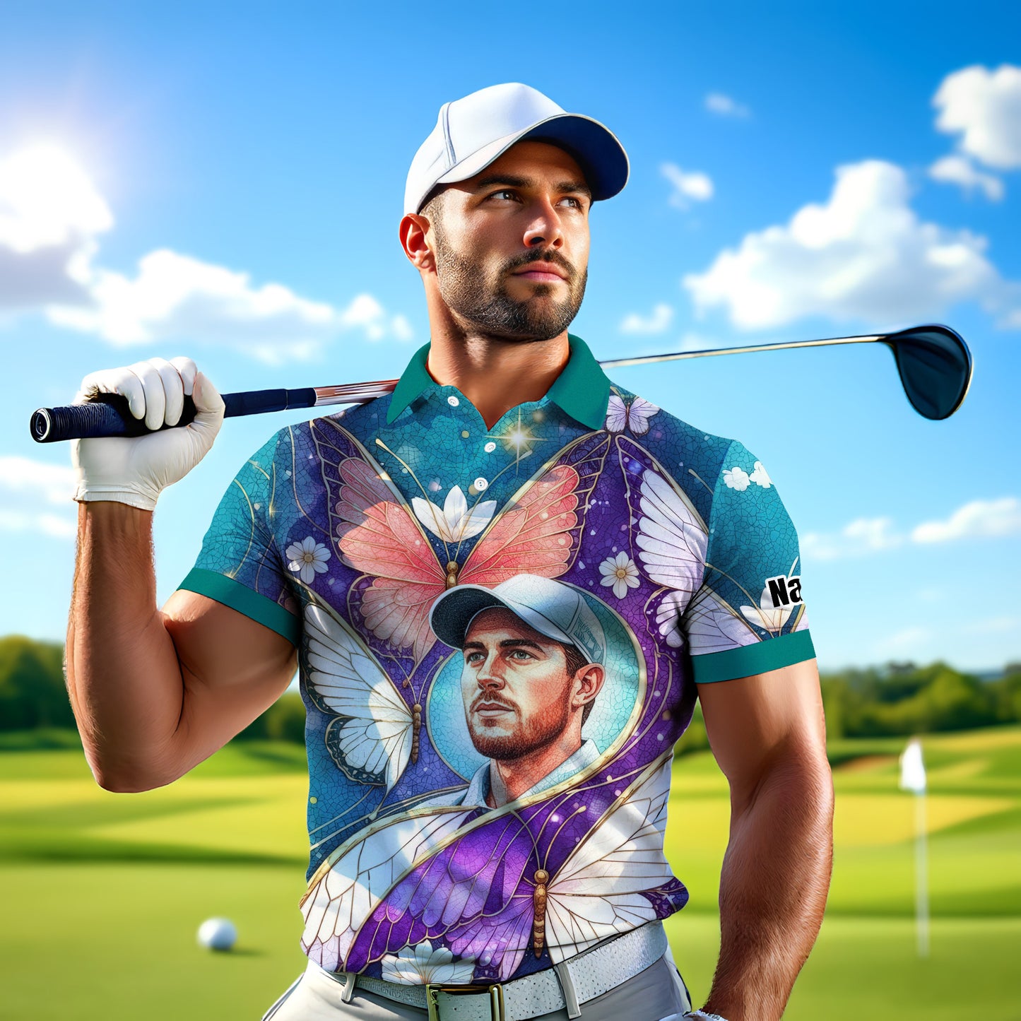 Custom Face Butterfly Golf Polo Shirt – Personalized Spring Mirage Art Style – Unique Gift for Him, Nature Inspired Men's Shirt Style 5
