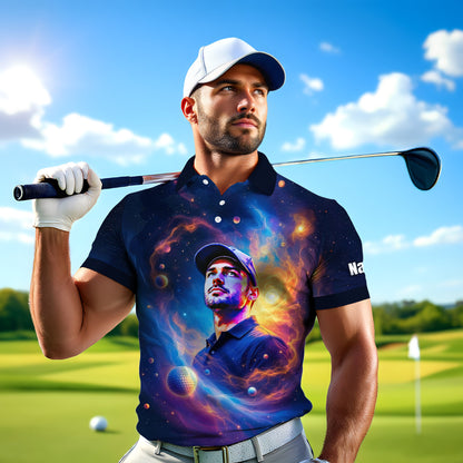 Custom Cosmic Portrait Polo Shirt – Personalized Surreal Galaxy Art with Your Face | Unique Gift for Golfers, Sports & Astrology Fans Style 5