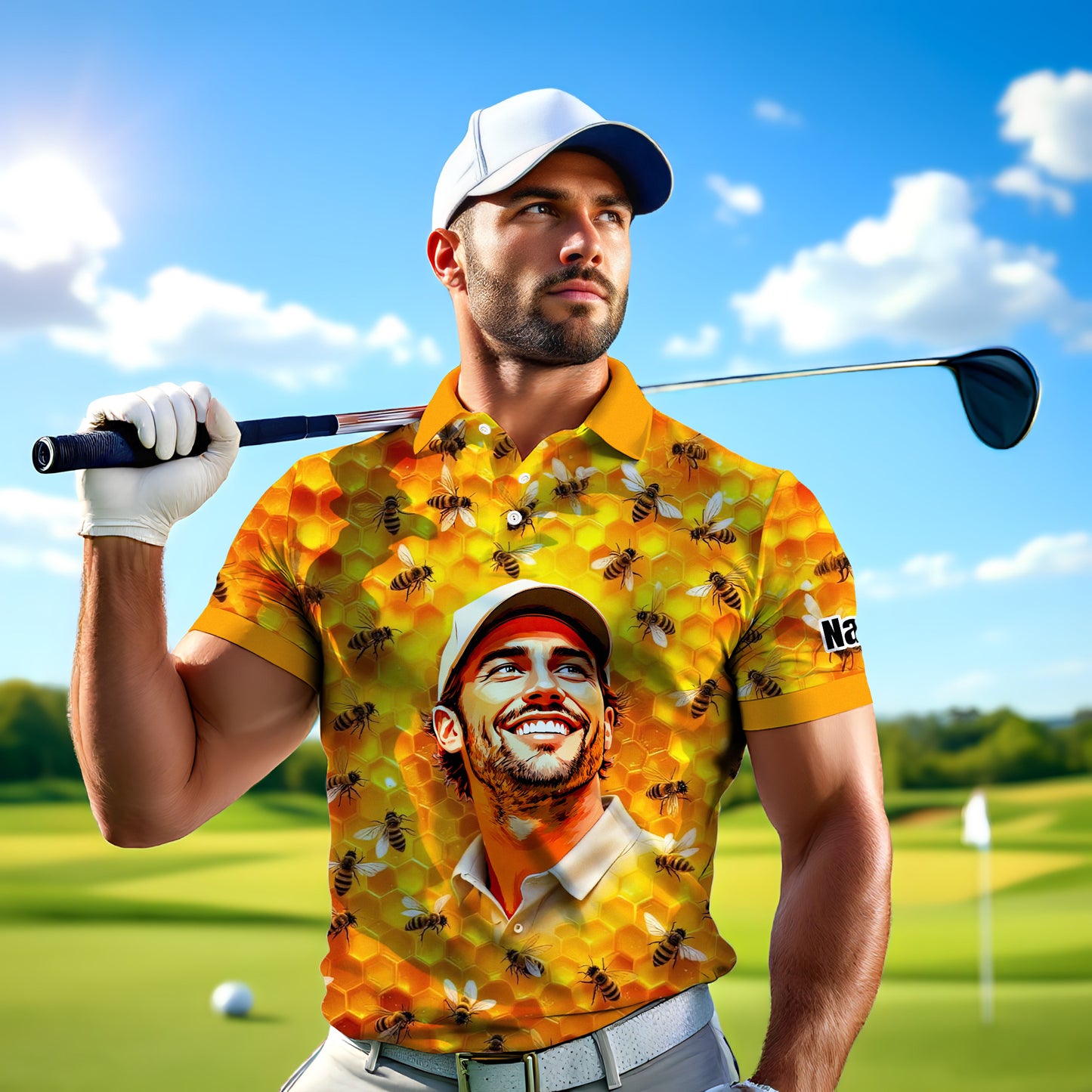 HomyGifts Men's Customized Face Artistic Golf Polo Shirt, Personalized Bee & Honeycomb Polo Shirt with Face, Funny Honey Lover Outfit, Summer Polo for Men Style 3