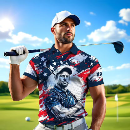 HomyGifts Men's Customized Face Artistic Golf Polo Shirt, Personalized American Flag Design, Unique Gift for Patriotic Golfers Style 15