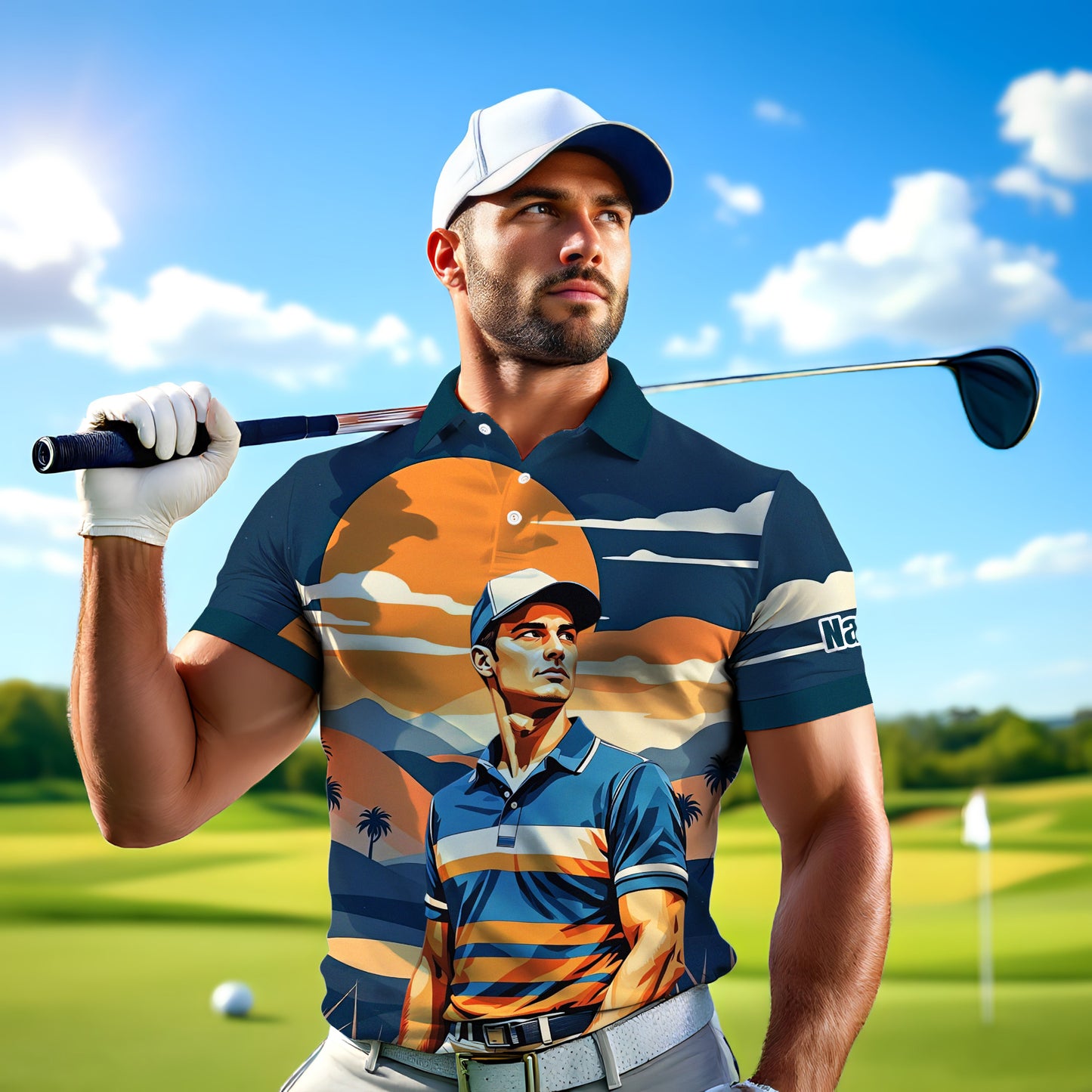 Custom Vintage Americana Golf Polo with Your Face - Retro Personalized Gift for Men Style 3