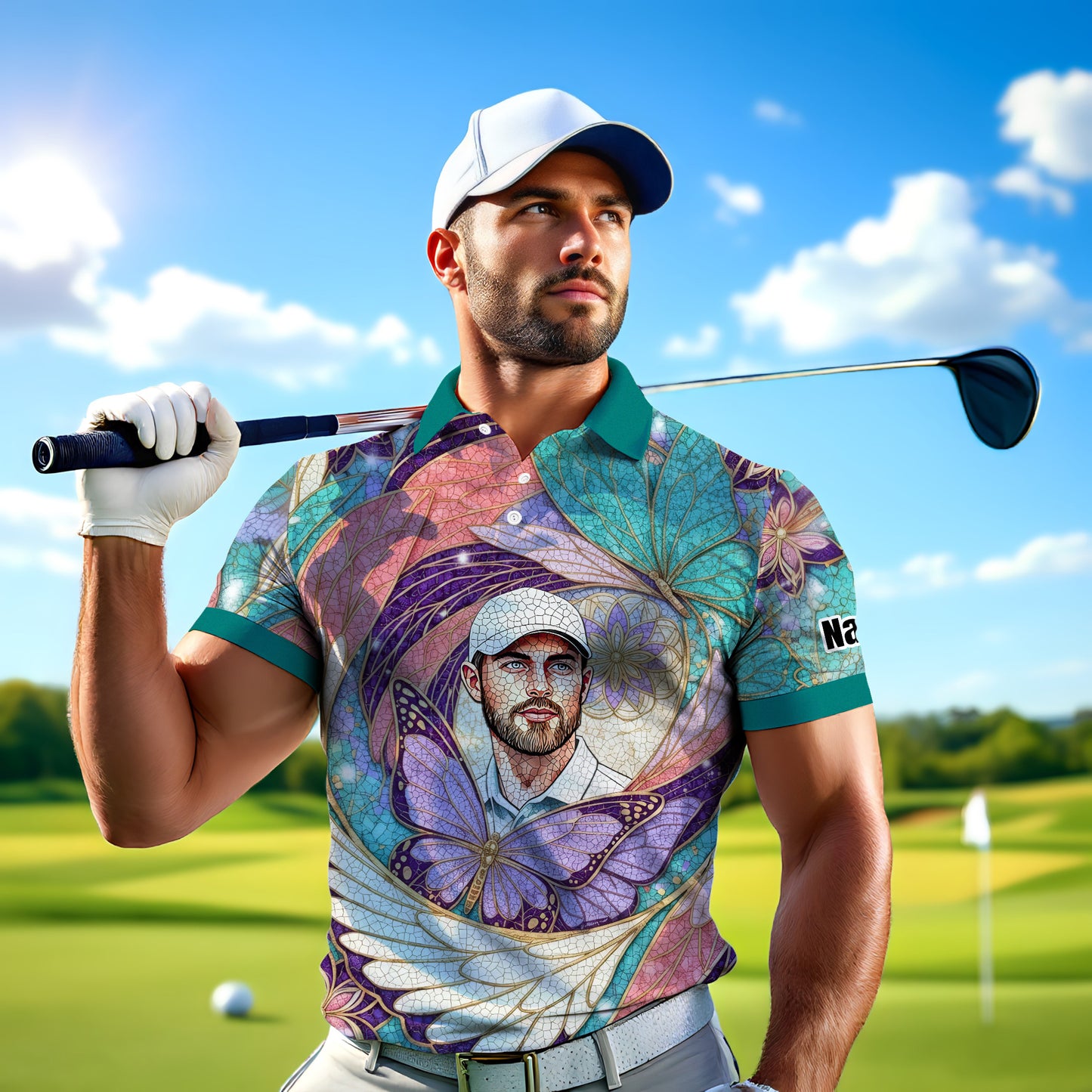 Custom Face Butterfly Golf Polo Shirt – Personalized Spring Mirage Art Style – Unique Gift for Him, Nature Inspired Men's Shirt Style 1