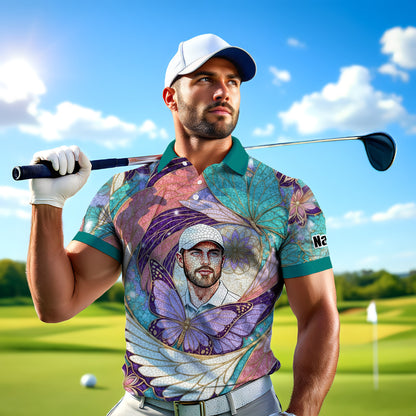 Custom Face Butterfly Golf Polo Shirt – Personalized Spring Mirage Art Style – Unique Gift for Him, Nature Inspired Men's Shirt Style 1