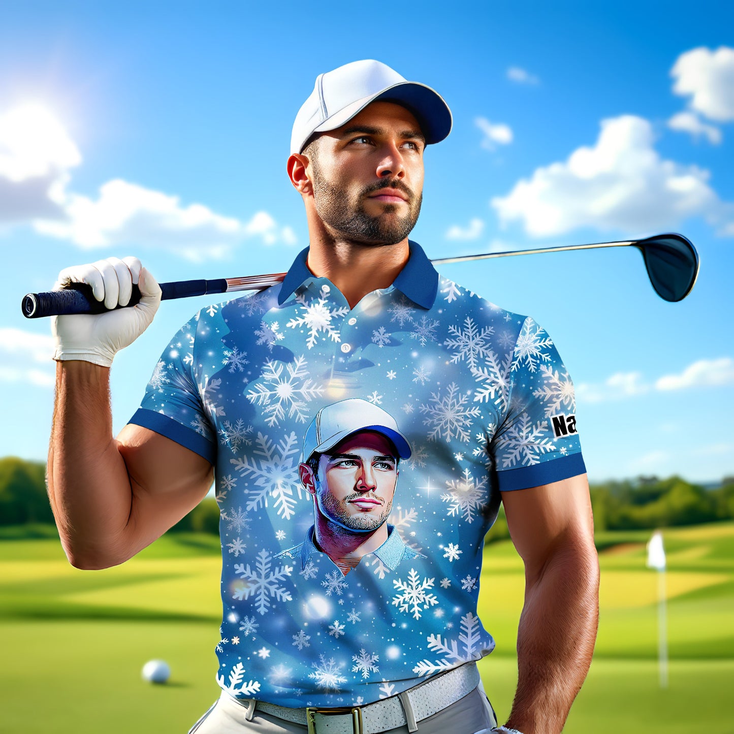 Custom Face Golf Polo Shirt – Personalized Christmas Golf Shirt for Him, Unique Holiday Gift for Golfer, Snowflake Design Golf Apparel Style 2