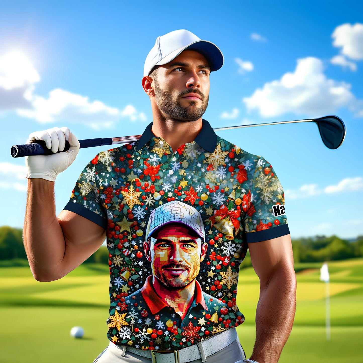 Personalized Christmas Golf Polo Shirt with Your Face – Custom Photo Holiday Shirt – Unique Mosaic Art Xmas Gift for Men, Custom Golf Apparel Style 8