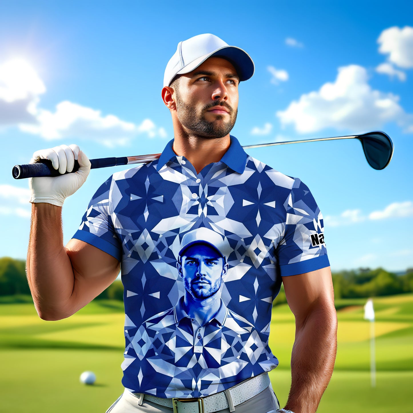 Custom Face Polo Shirt – Geometric Diamond Pattern | Personalized Photo Golf Polo | Unique Gift for Him, Retro Geometric Style Shirt Style 18