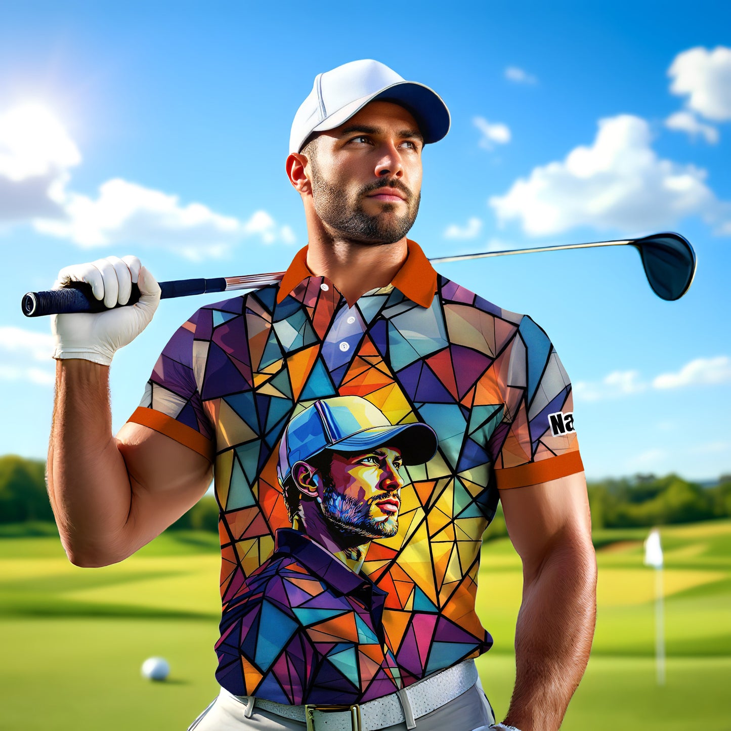 Angular Geometric Glass Pattern Custom Face Polo — Stained-Glass Mosaic Print, Personalized Sublimation Golf Shirt, Vibrant Geometric Portrait Tee
