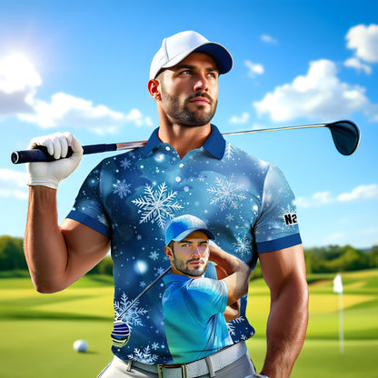 Custom Face Golf Polo Shirt – Personalized Christmas Golf Shirt for Him, Unique Holiday Gift for Golfer, Snowflake Design Golf Apparel Style 1