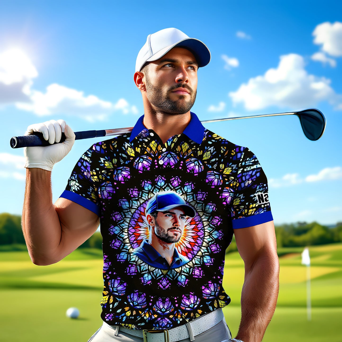 Custom Face Golf Polo Shirt – Personalized Stained Glass Mandala Style Polo, Unique Gift for Men & Women, Vibrant Artistic Golf Shirt, Custom Photo Polo