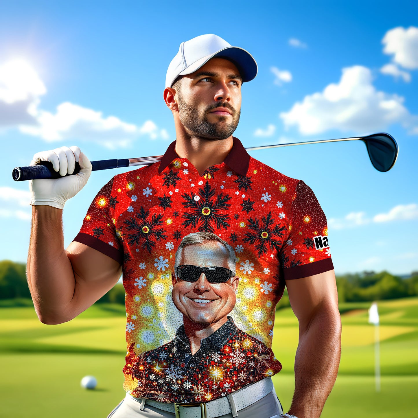 Custom Face Golf Polo Shirt – Personalized Christmas Golf Shirt for Him, Unique Holiday Gift for Golfer, Snowflake Mosaic Art Design Golf Apparel Style 13.2