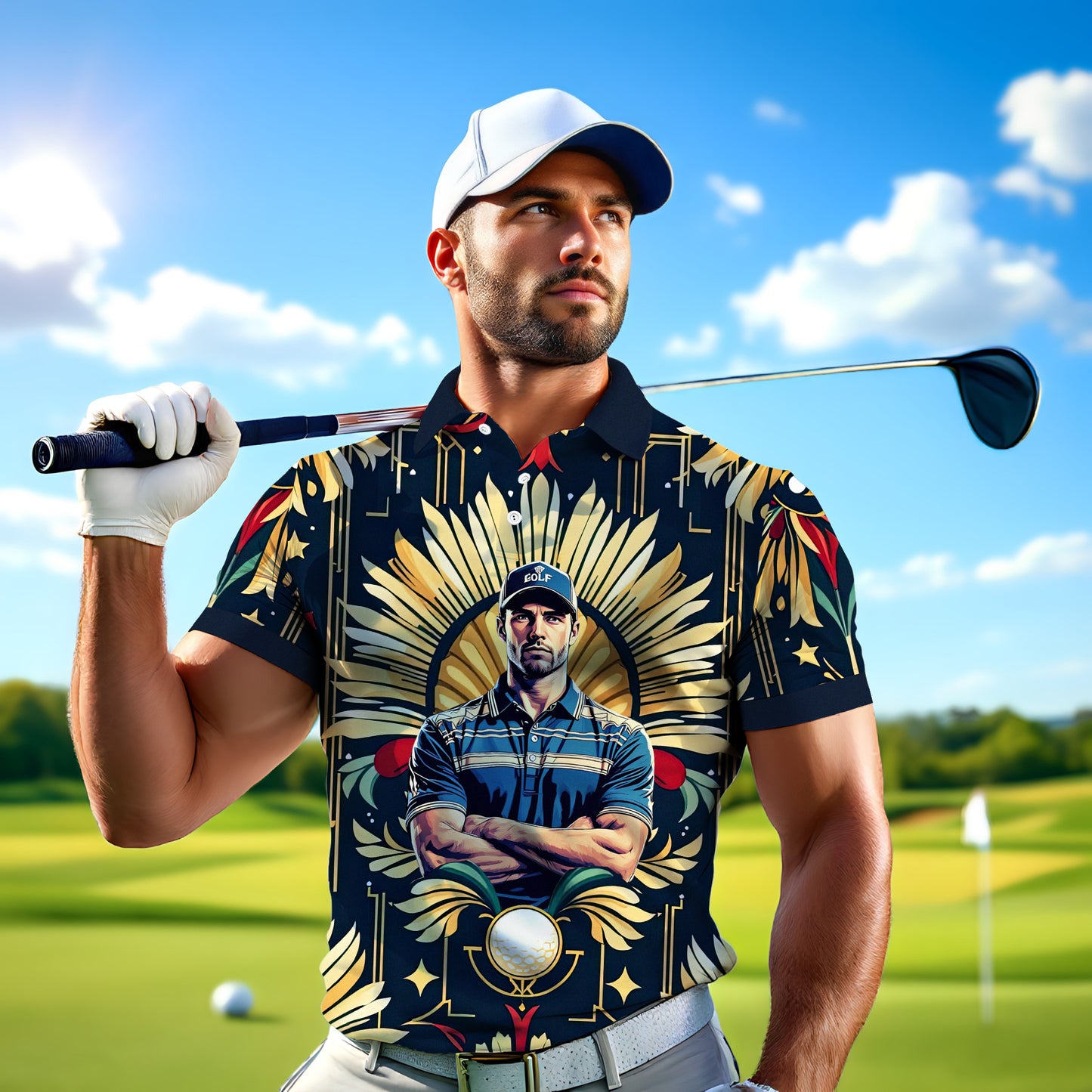 Custom Face Golf Polo Shirt – Swing in Gold Art Deco Revival Style | Personalized Golf Shirt for Men Style 3
