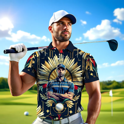 Custom Face Golf Polo Shirt – Swing in Gold Art Deco Revival Style | Personalized Golf Shirt for Men Style 3