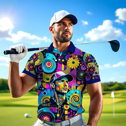 HomyGifts Custom Face Polo Shirt – Personalized Abstract Geometric Art Photo Shirt, Unique Gift for Him & Her