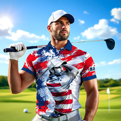 HomyGifts Men's Customized Face Artistic Golf Polo Shirt, Personalized American Flag Design, Unique Gift for Patriotic Golfers Style 23