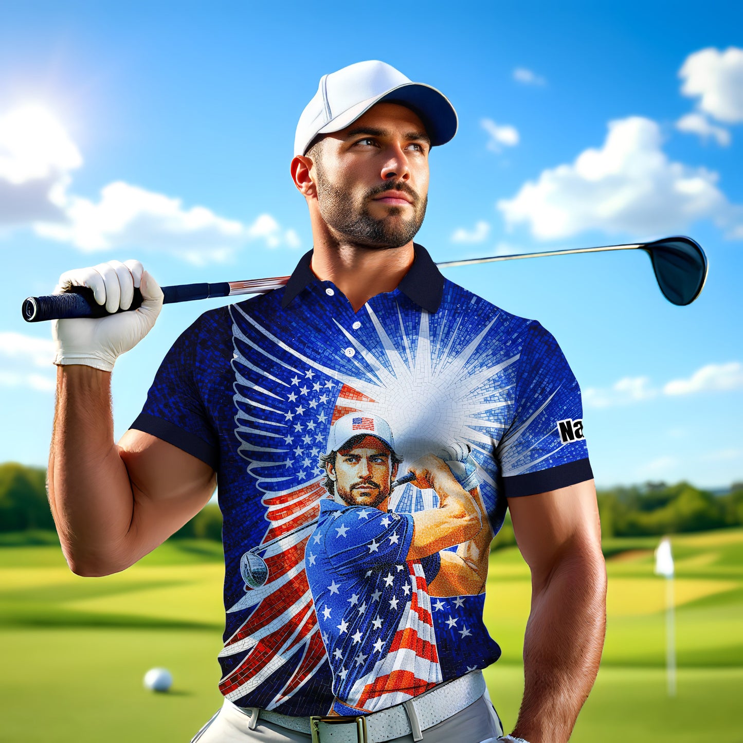 Custom Face Patriotic Golf Polo Shirt – Personalized USA Flag Design – American Pride Gift for Him – Mosaic Art Golf Shirt Style 3