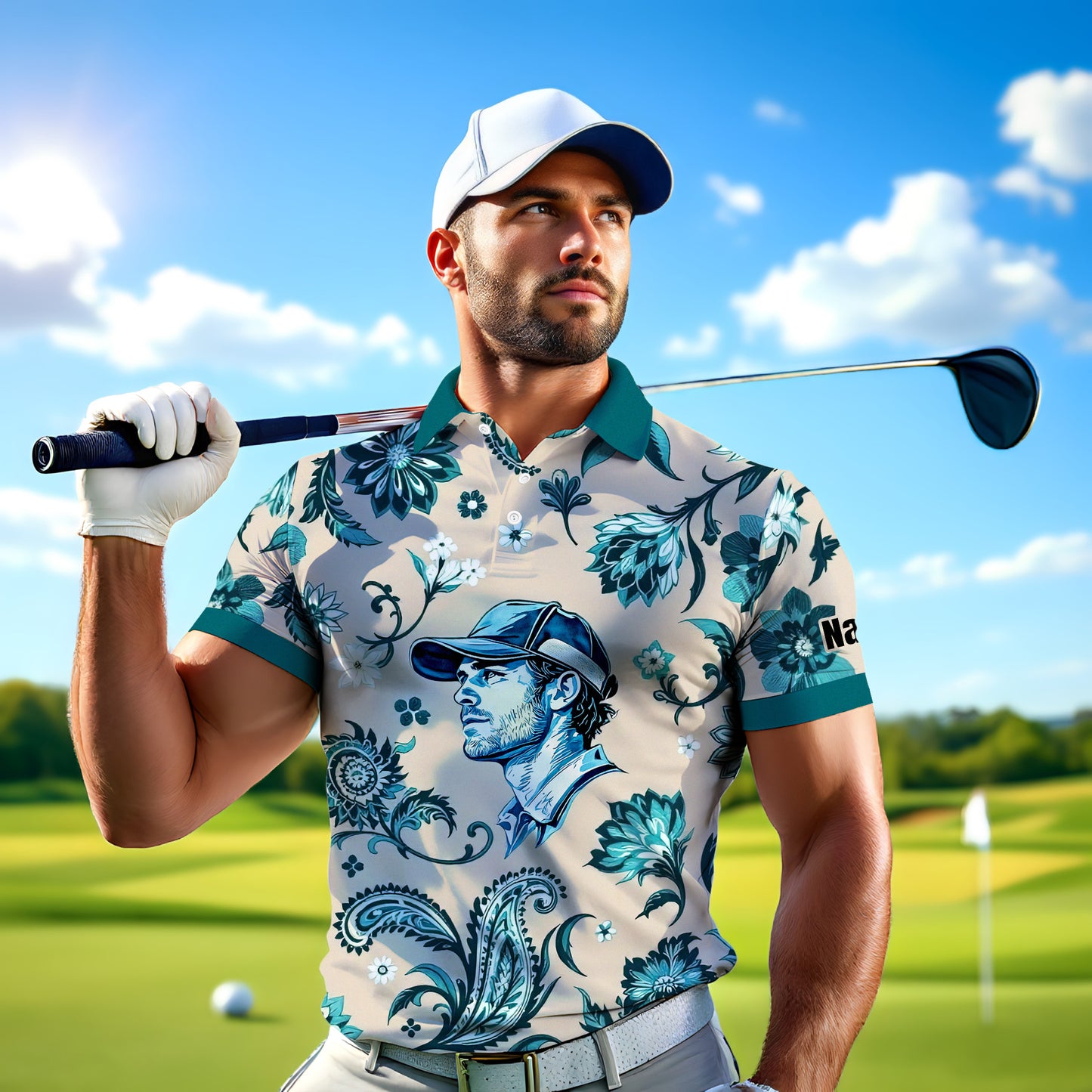 Custom Retro Pattern Art Polo Shirt – Personalized Face & Name | Vintage Floral Pattern Collared Shirt for Men Style 1
