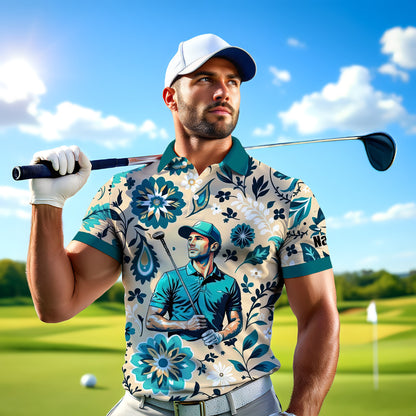 Custom Retro Pattern Art Polo Shirt – Personalized Face & Name | Vintage Floral Pattern Collared Shirt for Men Style 3