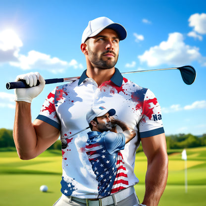HomyGifts Men's Customized Face Artistic Golf Polo Shirt, Personalized American Flag Design, Unique Gift for Patriotic Golfers Style 20