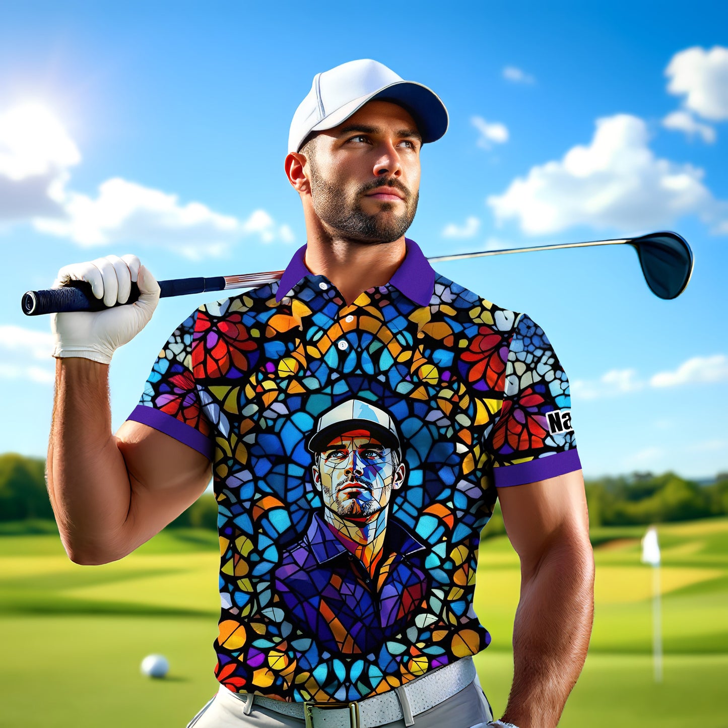 Custom Face Golf Polo Shirt – Personalized Stained Glass Art Shirt, Unique Golf Gift for Him, Colorful Abstract Golf Polo, Custom Sportswear