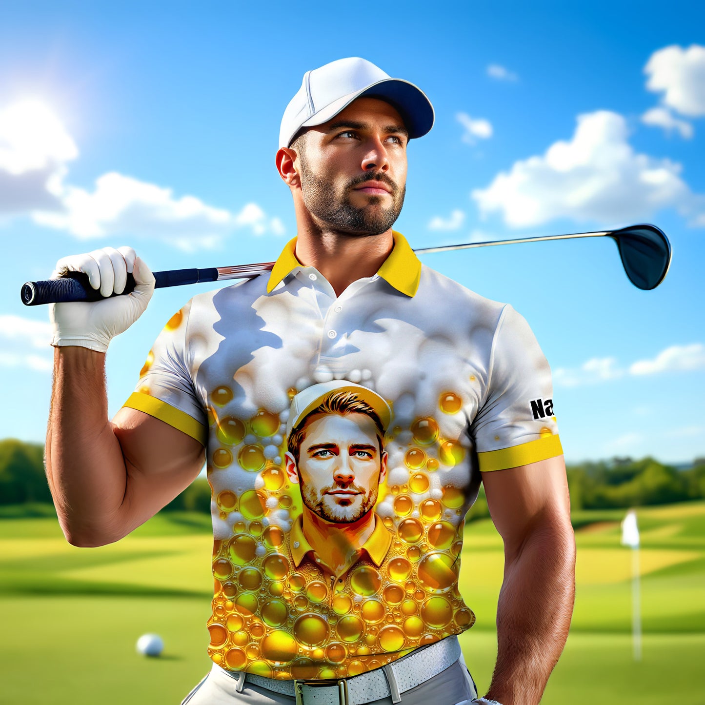 HomyGifts Men's Customized Face Artistic Golf Polo Shirt, Beer pattern Design, Special Gift for Beer & Golf Lovers, Summer Party Outfit, Unique Gift for Men Style 2